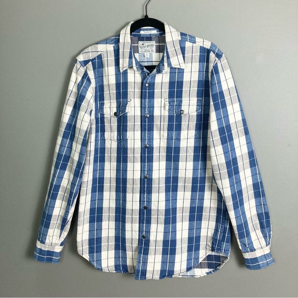 Vintage Lucky Brand Snap Over Shirt Mens M Thick Cotton Collar Plaid Blue White